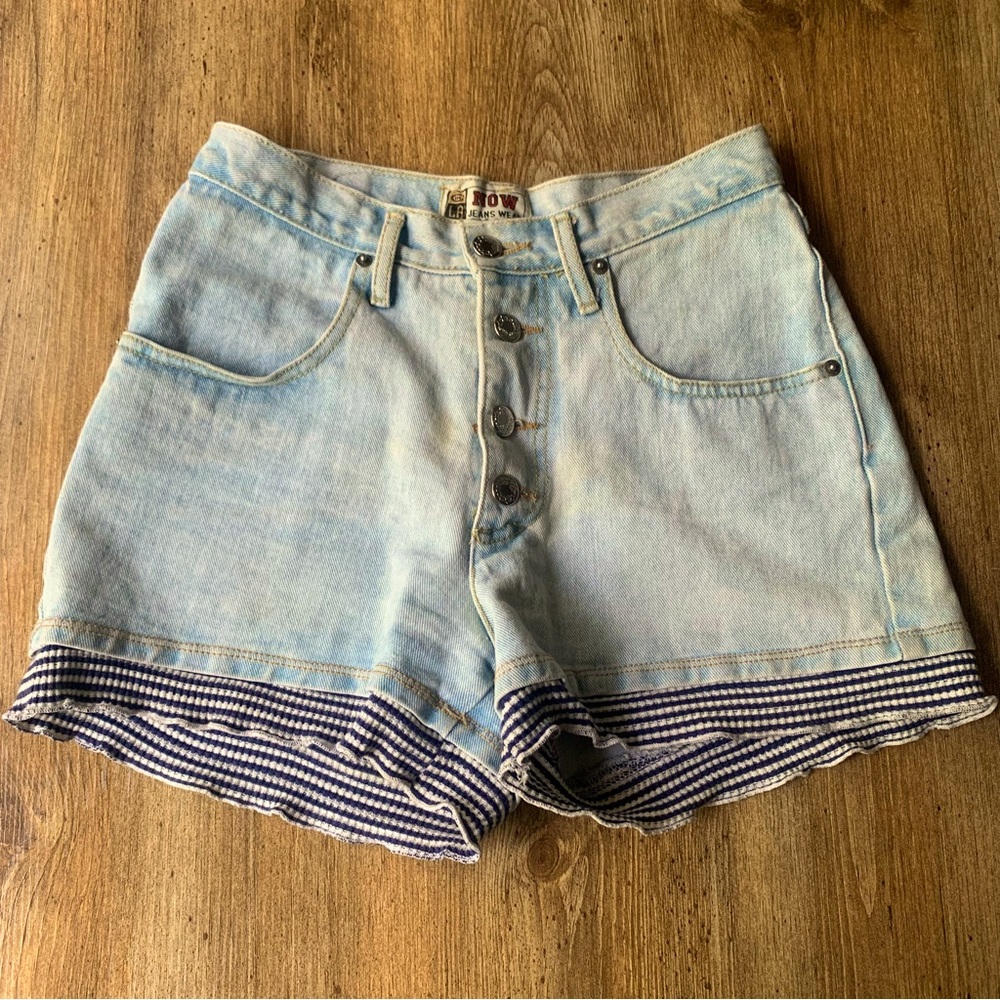 Vintage 80s 90s Now Jeans Denim Shorts Ribbon Hem XS Button Fly Western